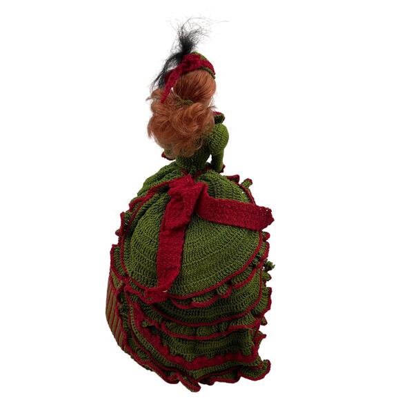 Vintage Scarlet Doll Crochet Dress Green Red Victorian Gown Handmade Barbie - Picture 2 of 10